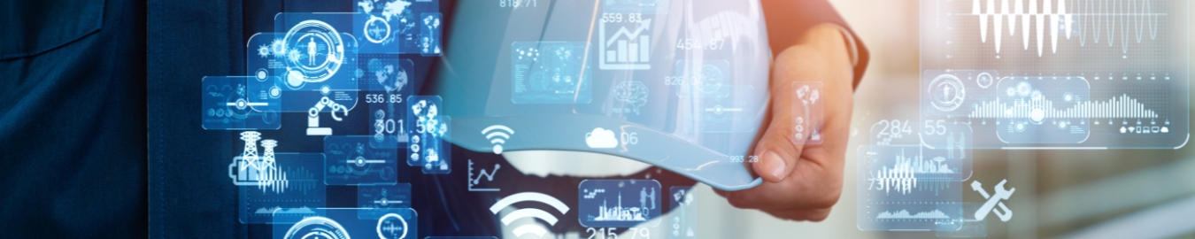 Craftsman holds a safety helmet, while digital technical icons and statistics are in the foreground.