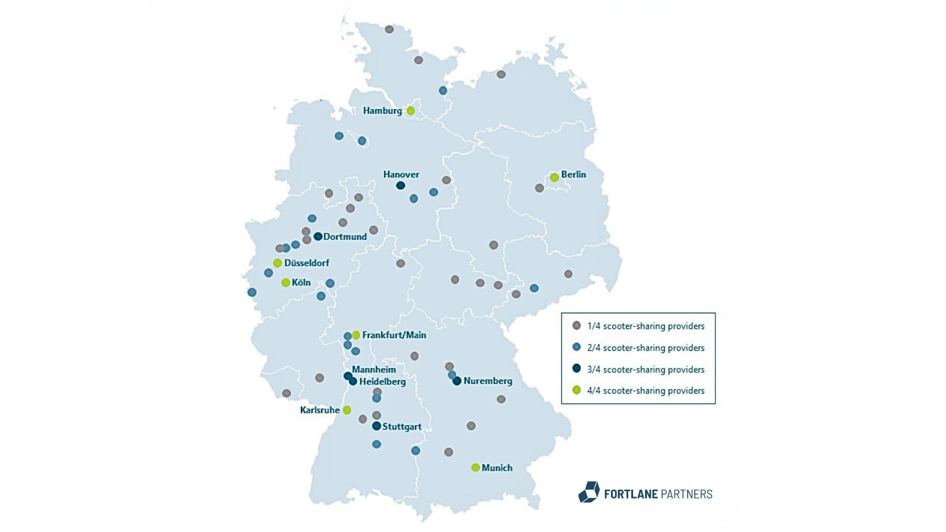 Figure 1: Coverage of German cities by the four scooter-sharing providers map of germany with the distribution of scooter-sharing providers