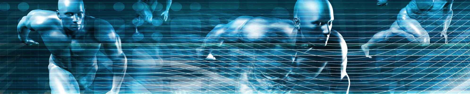 Digitalization of running men. Blue tinted digital visualization of multiple men running.